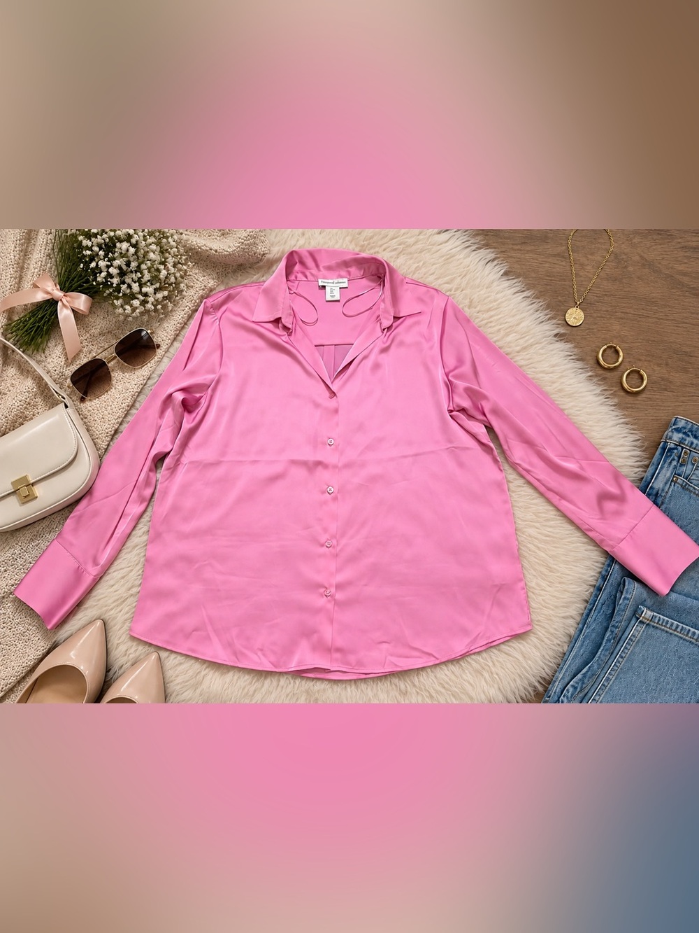 Cupcakes and Cashmere Women’s Pink Satin Button Down Blouse Long Sleeve